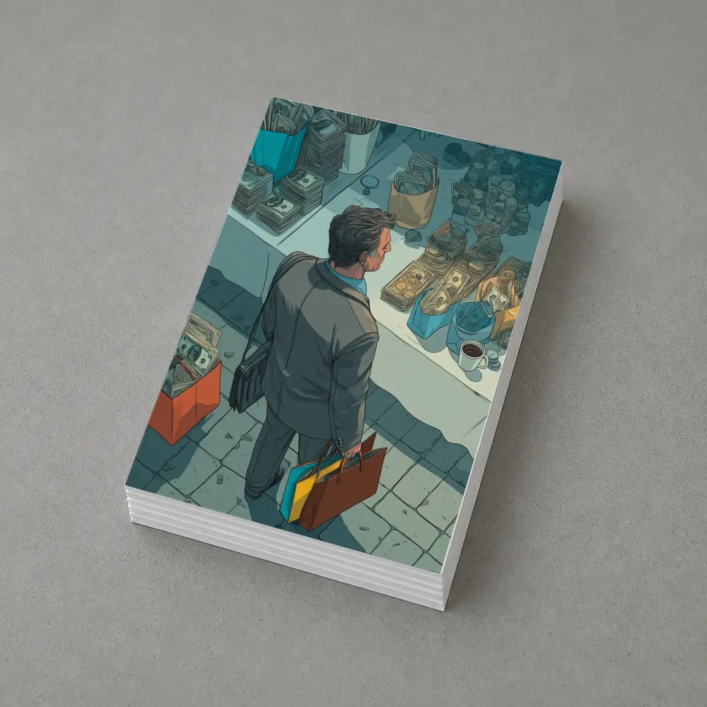 Man Shopping Surrounded By Money Illustration Art – Postcards