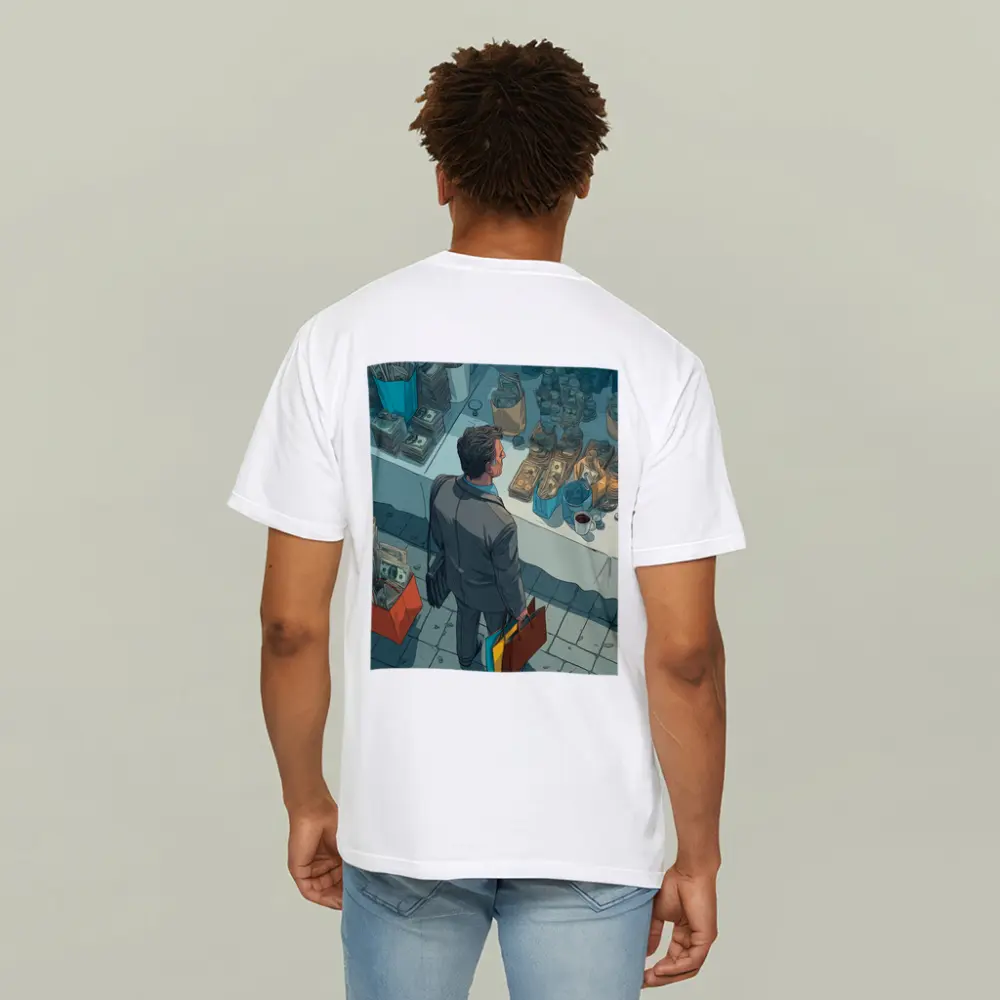 Man Shopping Surrounded By Money Illustration Art – T-Shirts