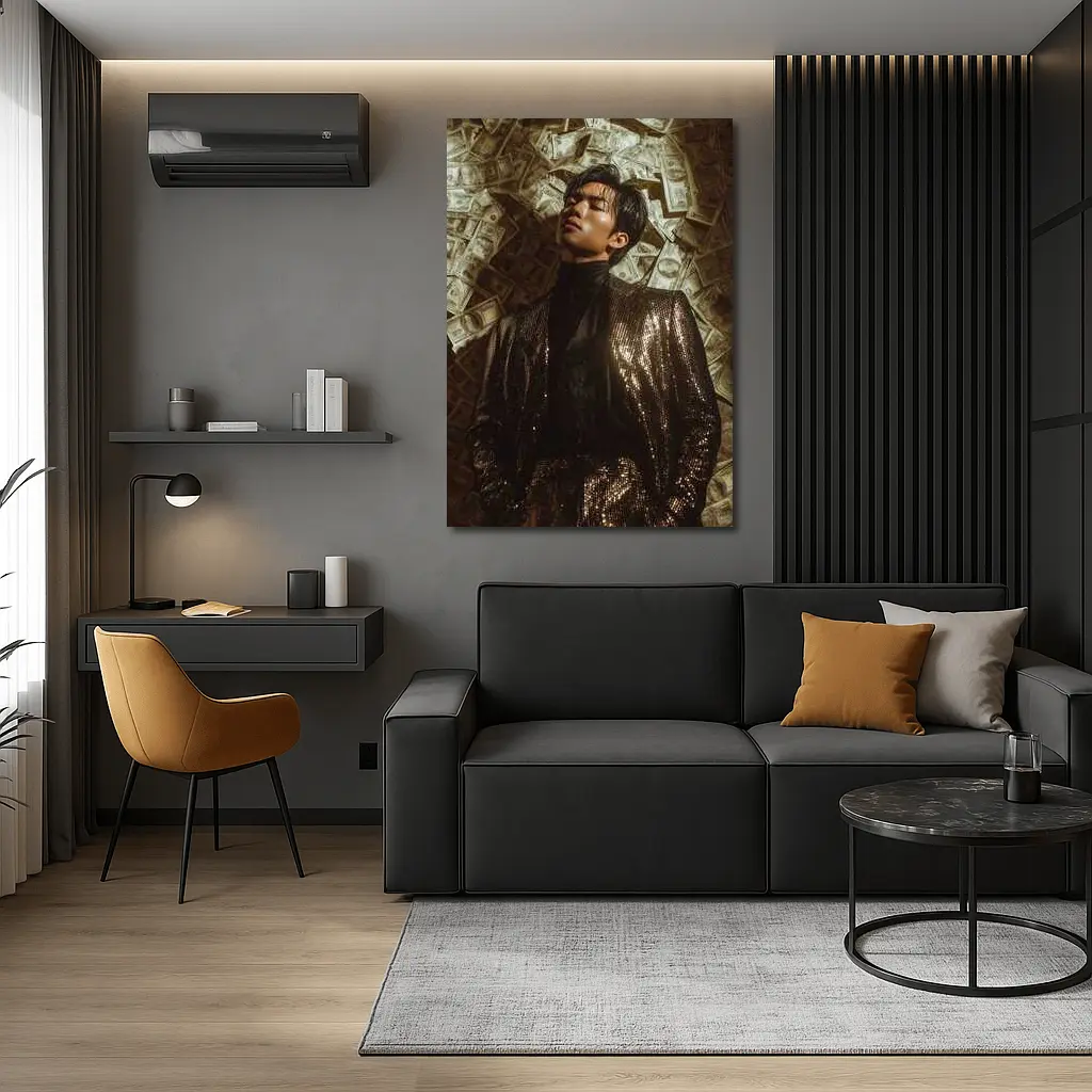 Man in Sequin Jacket Money Raining Background – Wall Art
