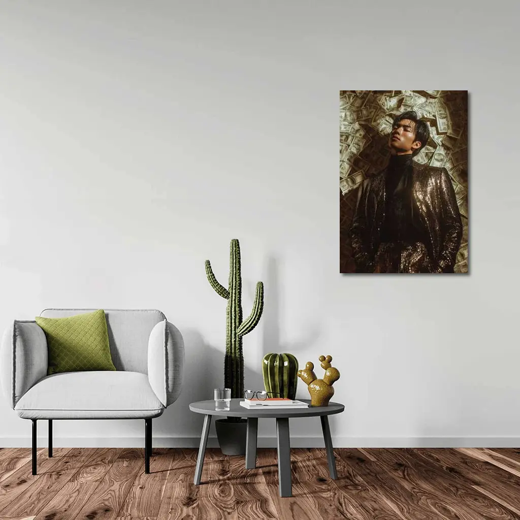 Man in Sequin Jacket Money Raining Background – Wall Art