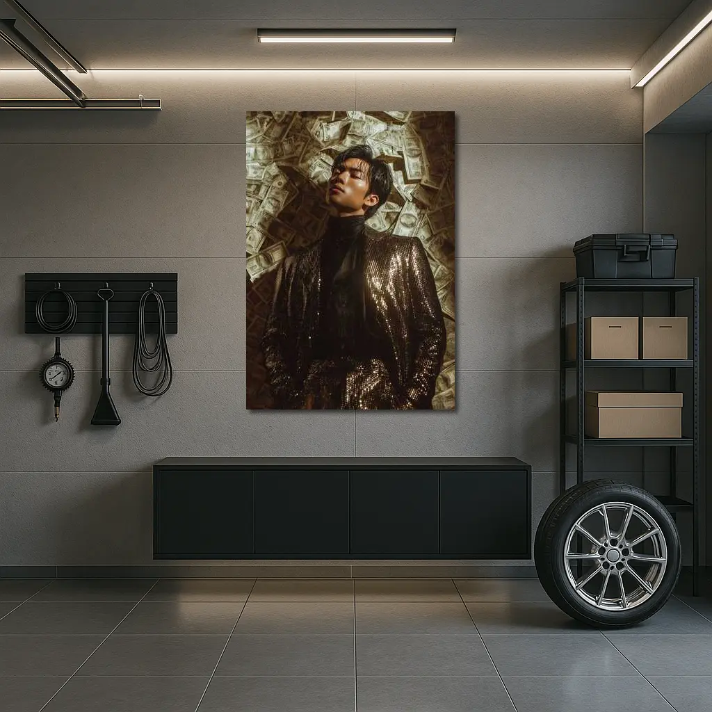 Man in Sequin Jacket Money Raining Background – Wall Art