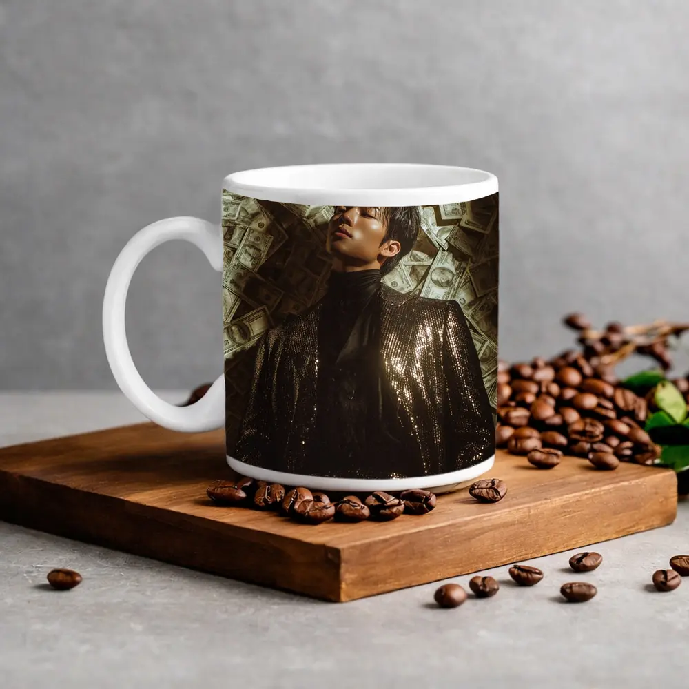 Man in Sequin Jacket Money Raining Background – Mugs