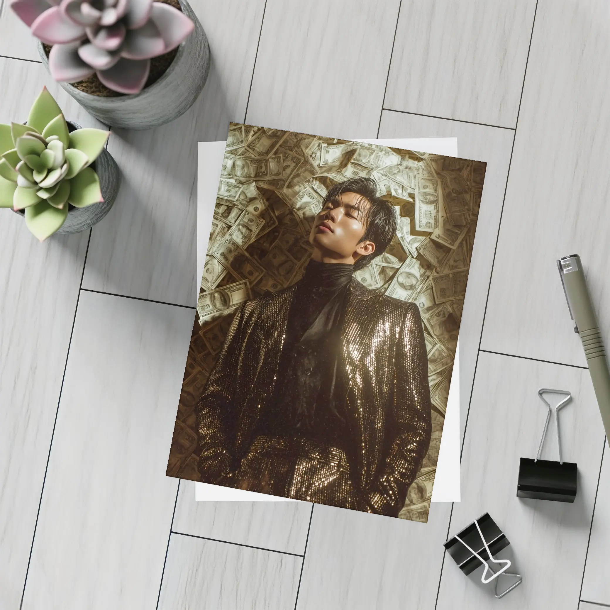 Man in Sequin Jacket Money Raining Background – Postcards