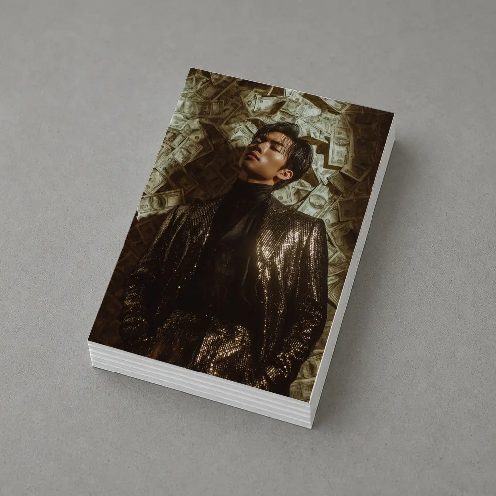 Man in Sequin Jacket Money Raining Background – Postcards