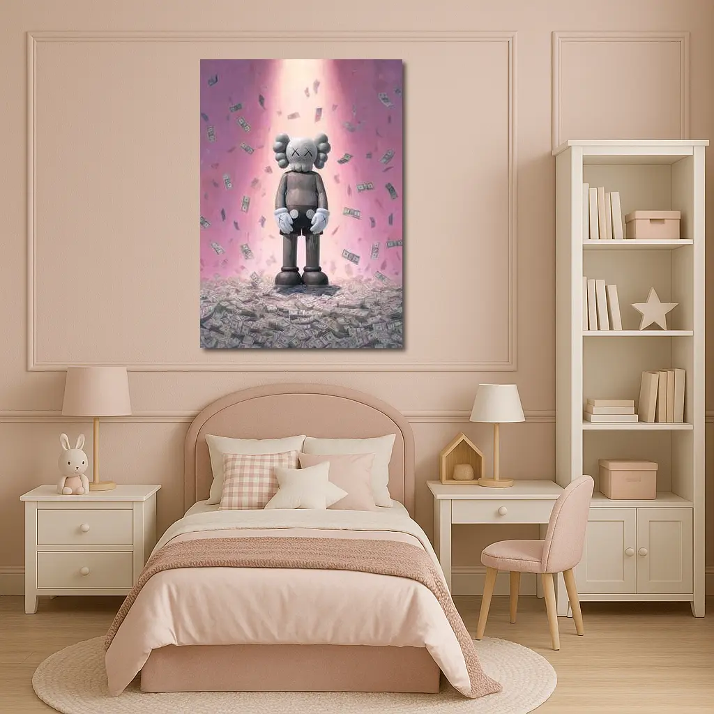 KAWS Figure Standing in Money Rain Pink – Wall Art