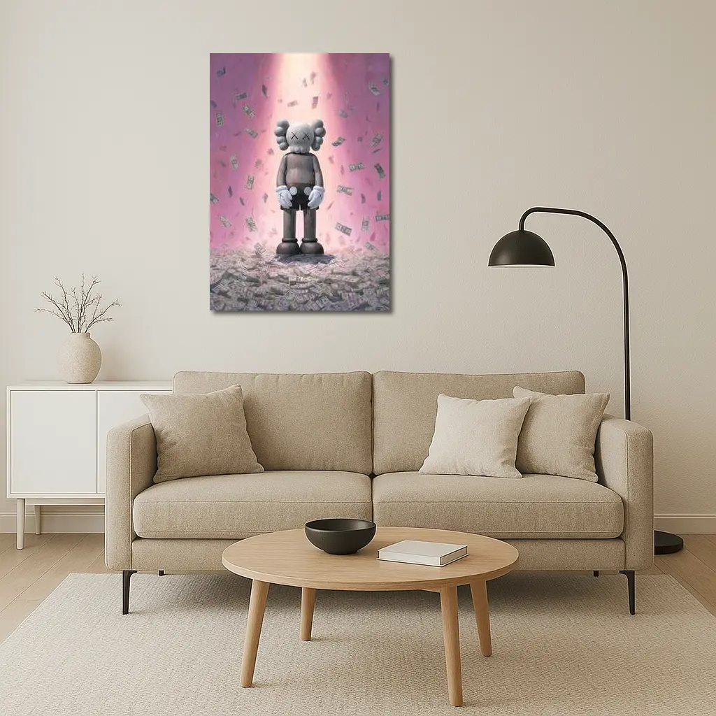 KAWS Figure Standing in Money Rain Pink – Wall Art