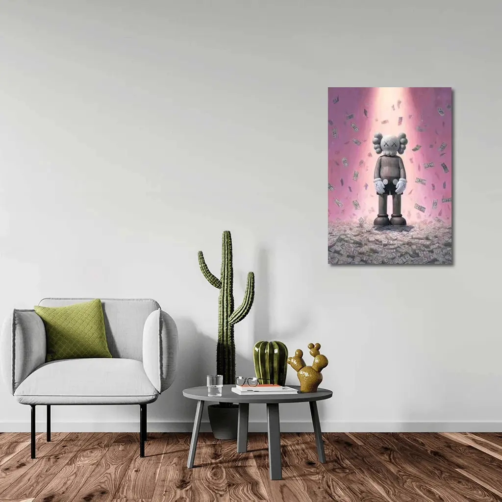 KAWS Figure Standing in Money Rain Pink – Wall Art