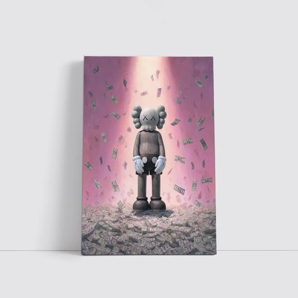 KAWS Figure Standing in Money Rain Pink – Wall Art