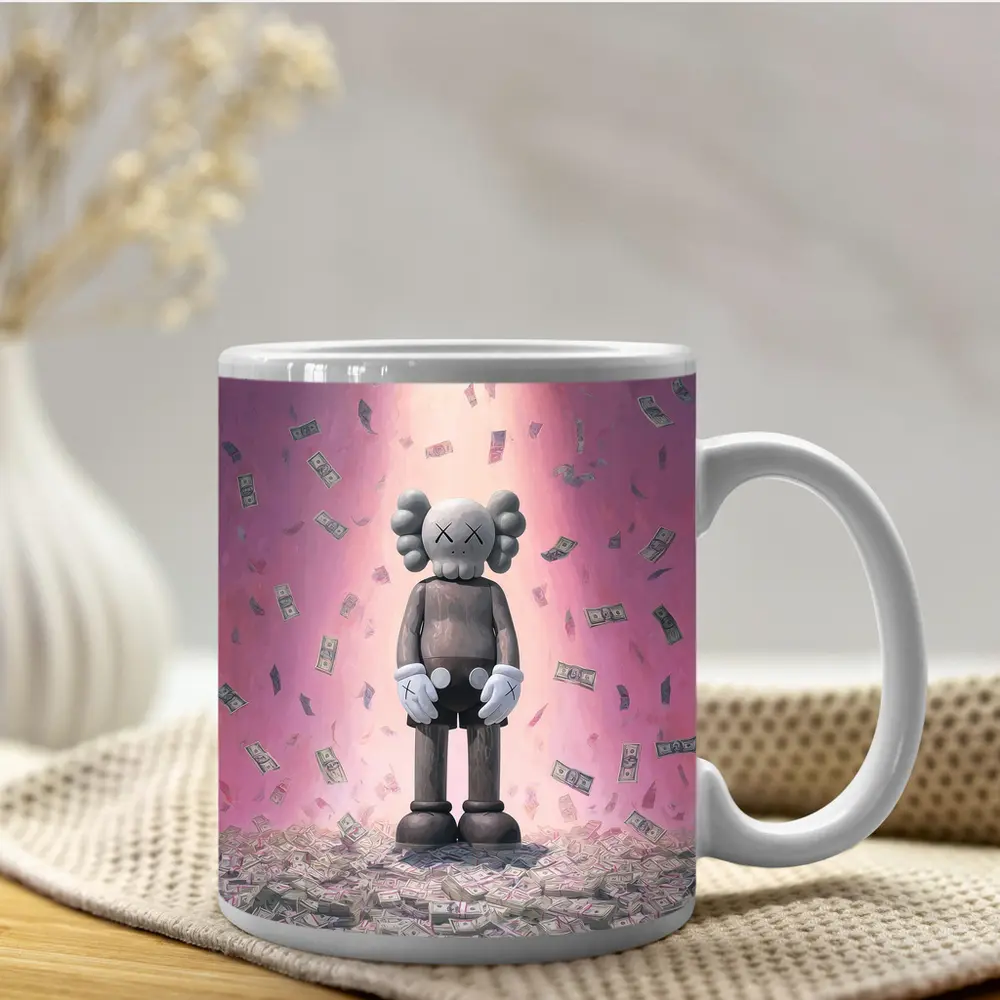 KAWS Figure Standing in Money Rain Pink – Mugs