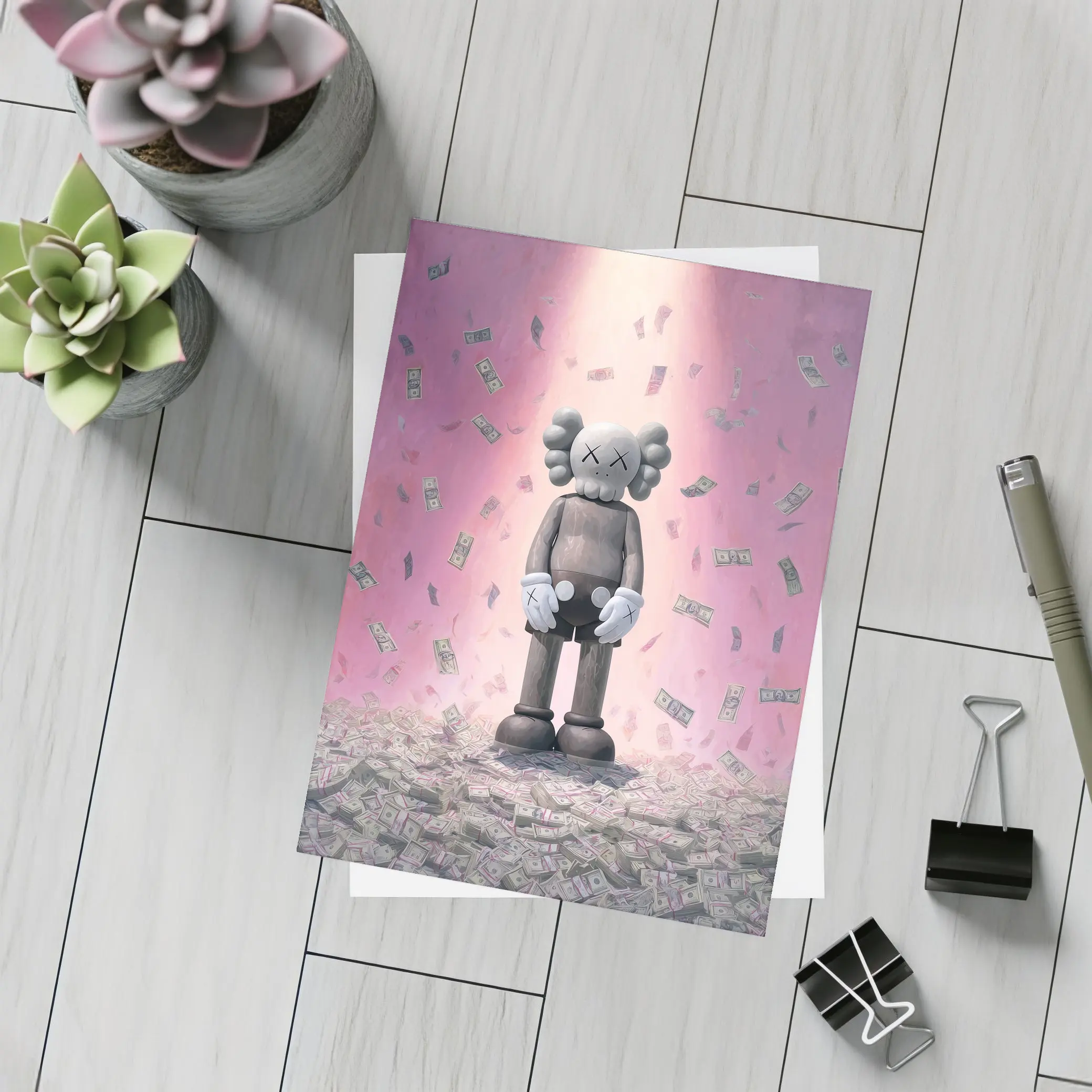 KAWS Figure Standing in Money Rain Pink – Postcards