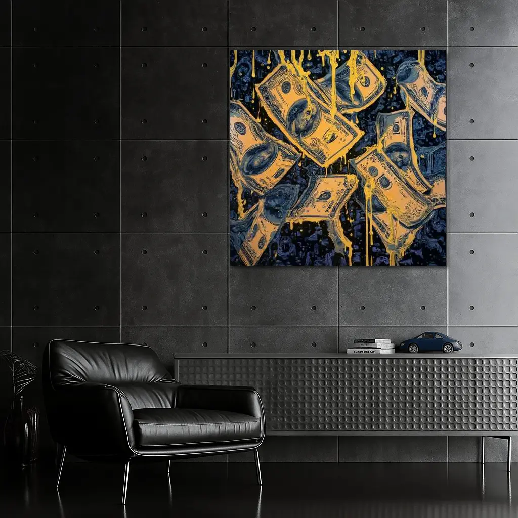 Dripping Gold Dollar Bills Dark Blue Art – Wall Art