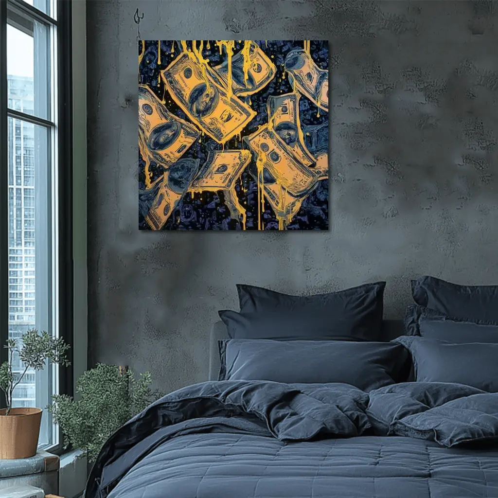 Dripping Gold Dollar Bills Dark Blue Art – Wall Art