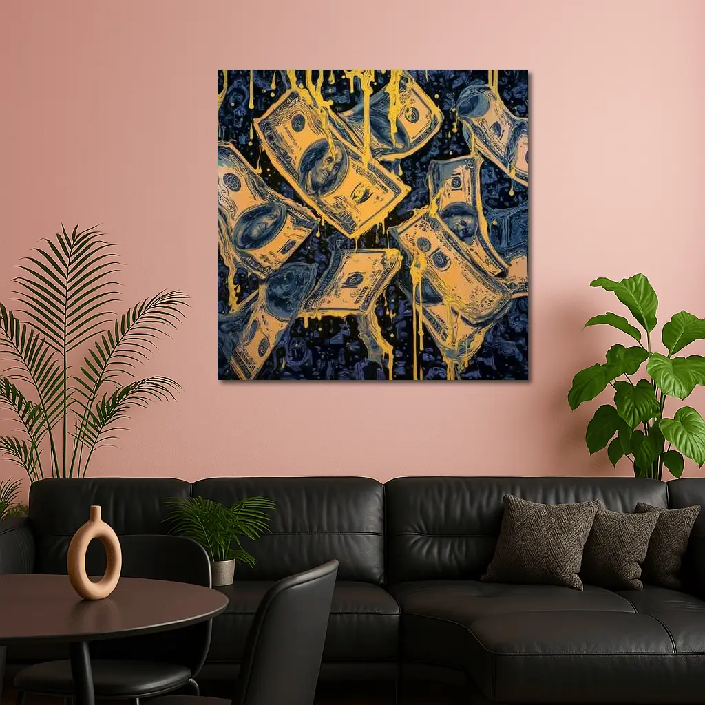 Dripping Gold Dollar Bills Dark Blue Art – Wall Art