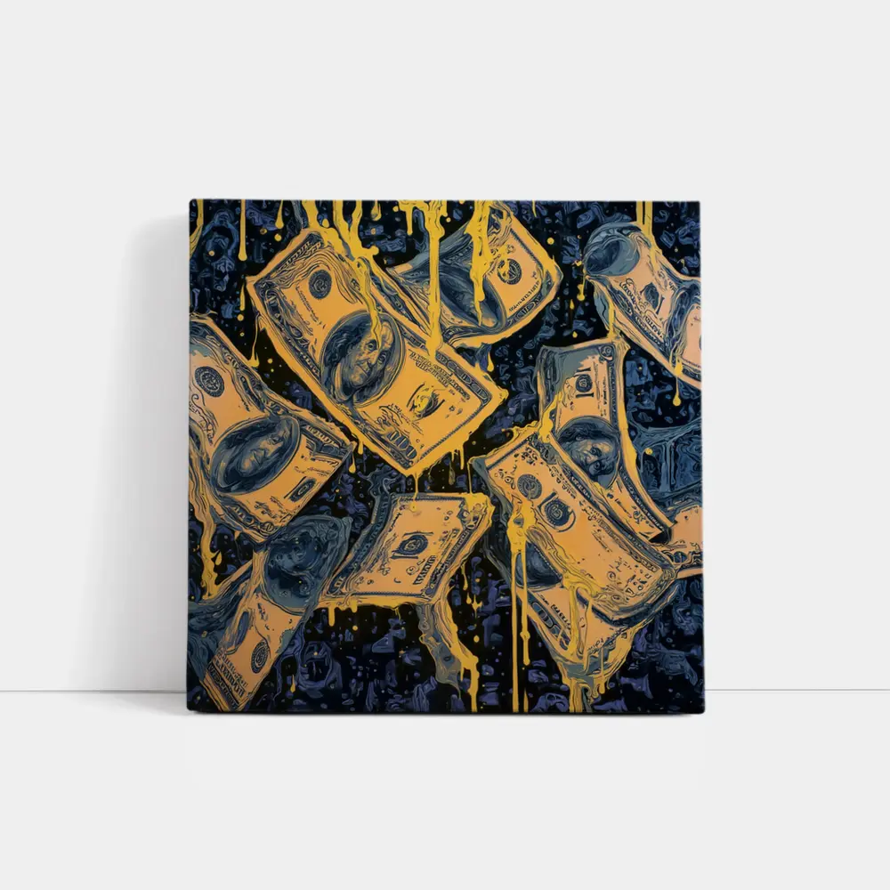 Dripping Gold Dollar Bills Dark Blue Art – Wall Art