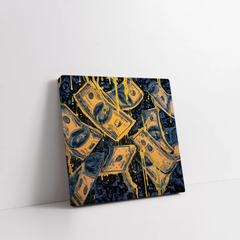 Dripping Gold Dollar Bills Dark Blue Art – Wall Art
