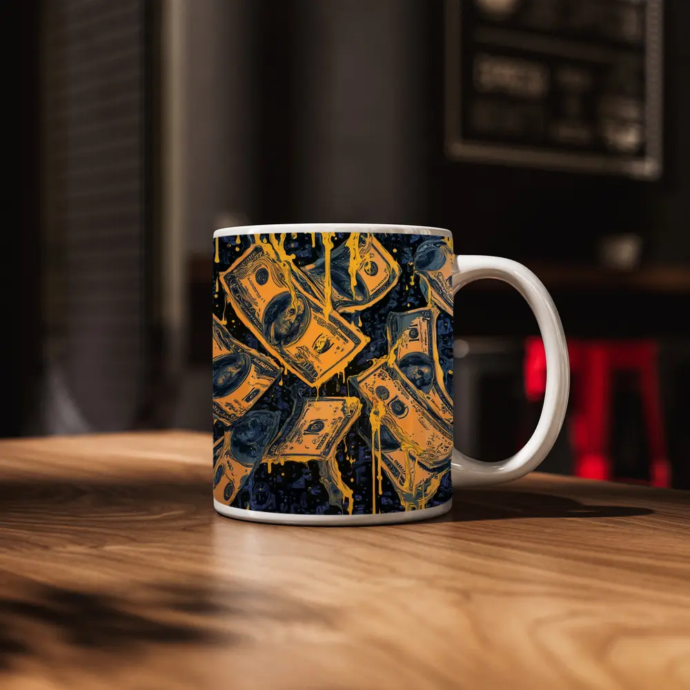 Dripping Gold Dollar Bills Dark Blue Art – Mugs