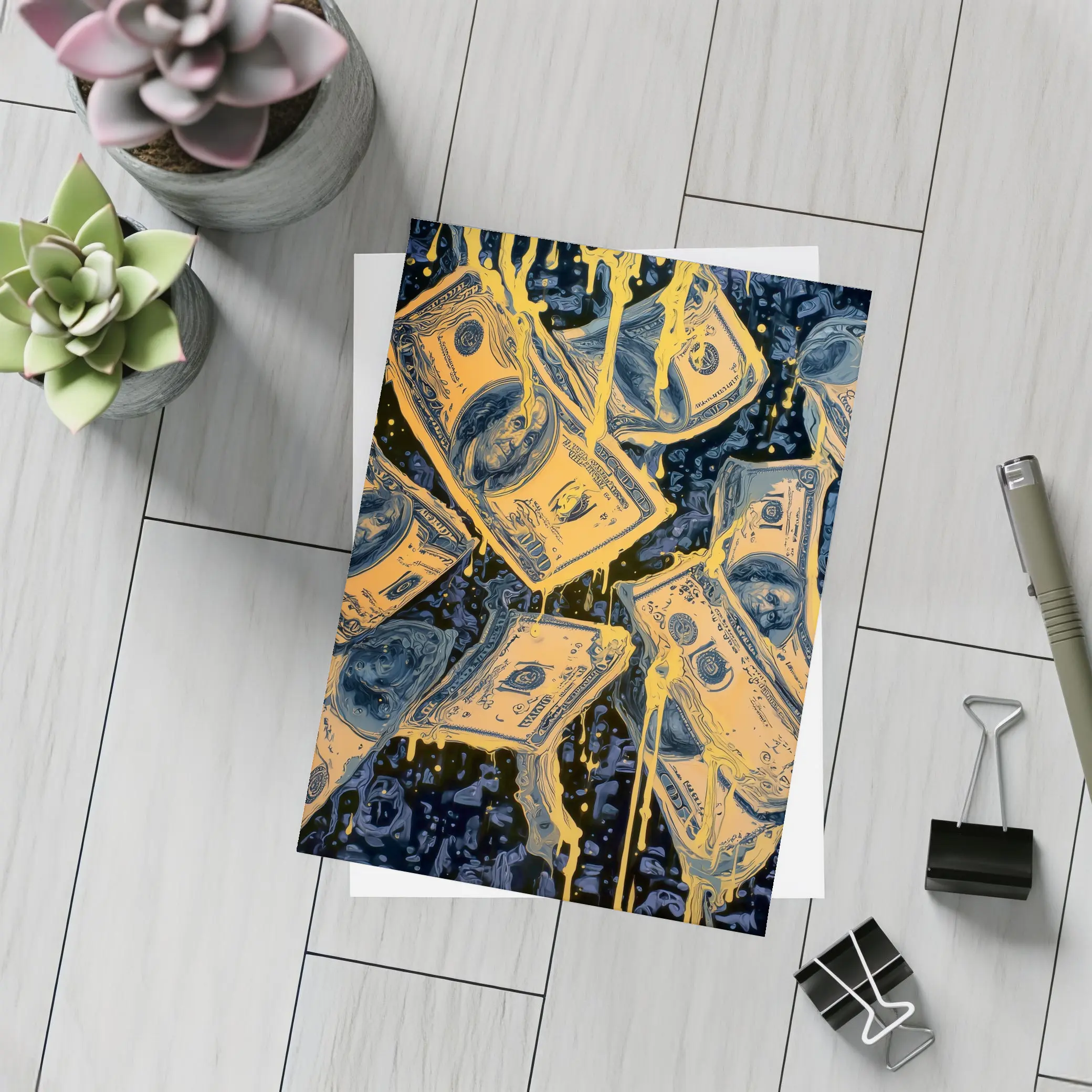 Dripping Gold Dollar Bills Dark Blue Art – Postcards
