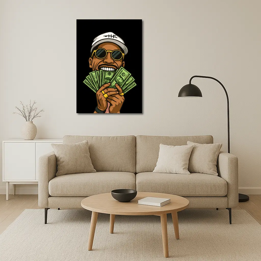 Cool Man Holding Cash Money Black Background – Wall Art