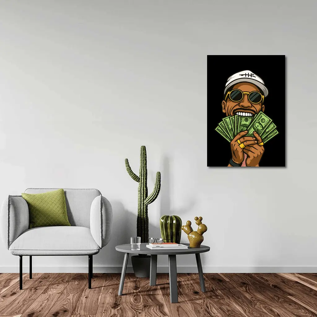 Cool Man Holding Cash Money Black Background – Wall Art
