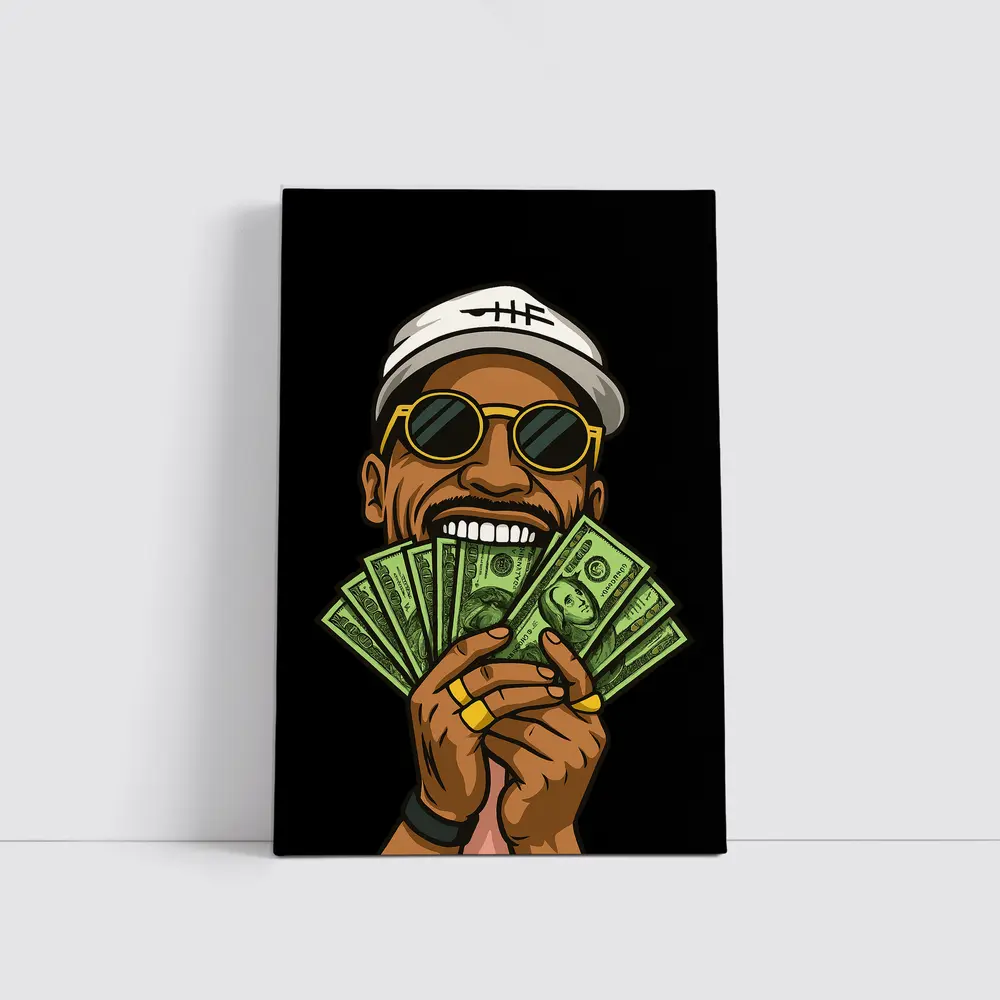 Cool Man Holding Cash Money Black Background – Wall Art