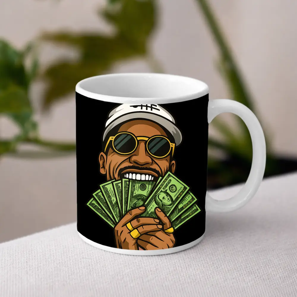 Cool Man Holding Cash Money Black Background – Mugs