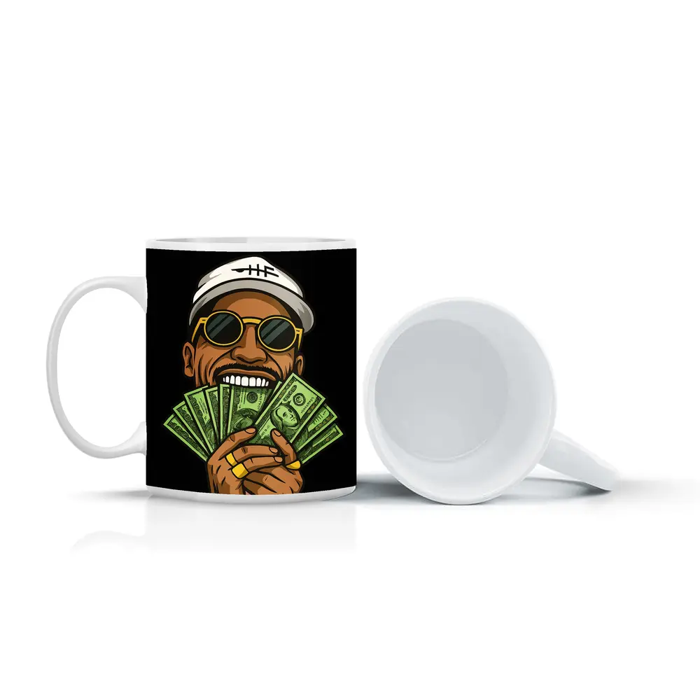 Cool Man Holding Cash Money Black Background – Mugs