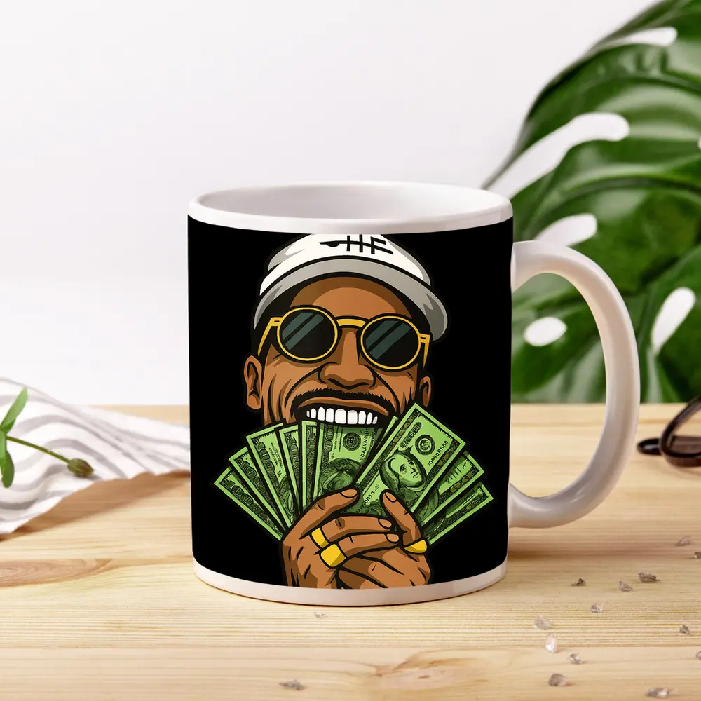 Cool Man Holding Cash Money Black Background – Mugs