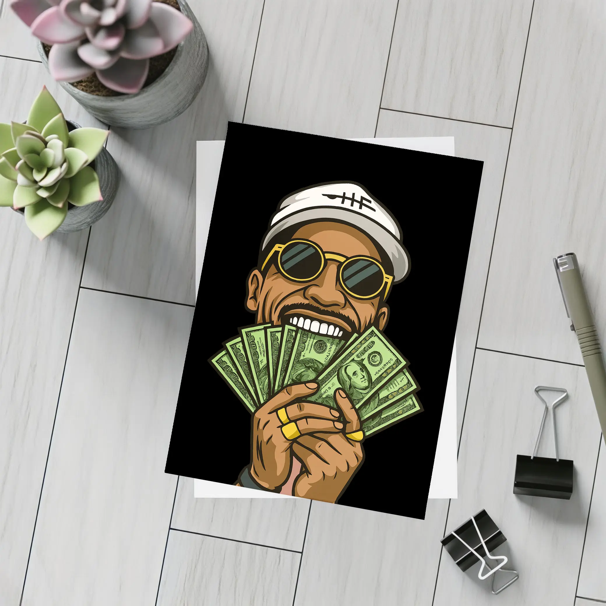 Cool Man Holding Cash Money Black Background – Postcards