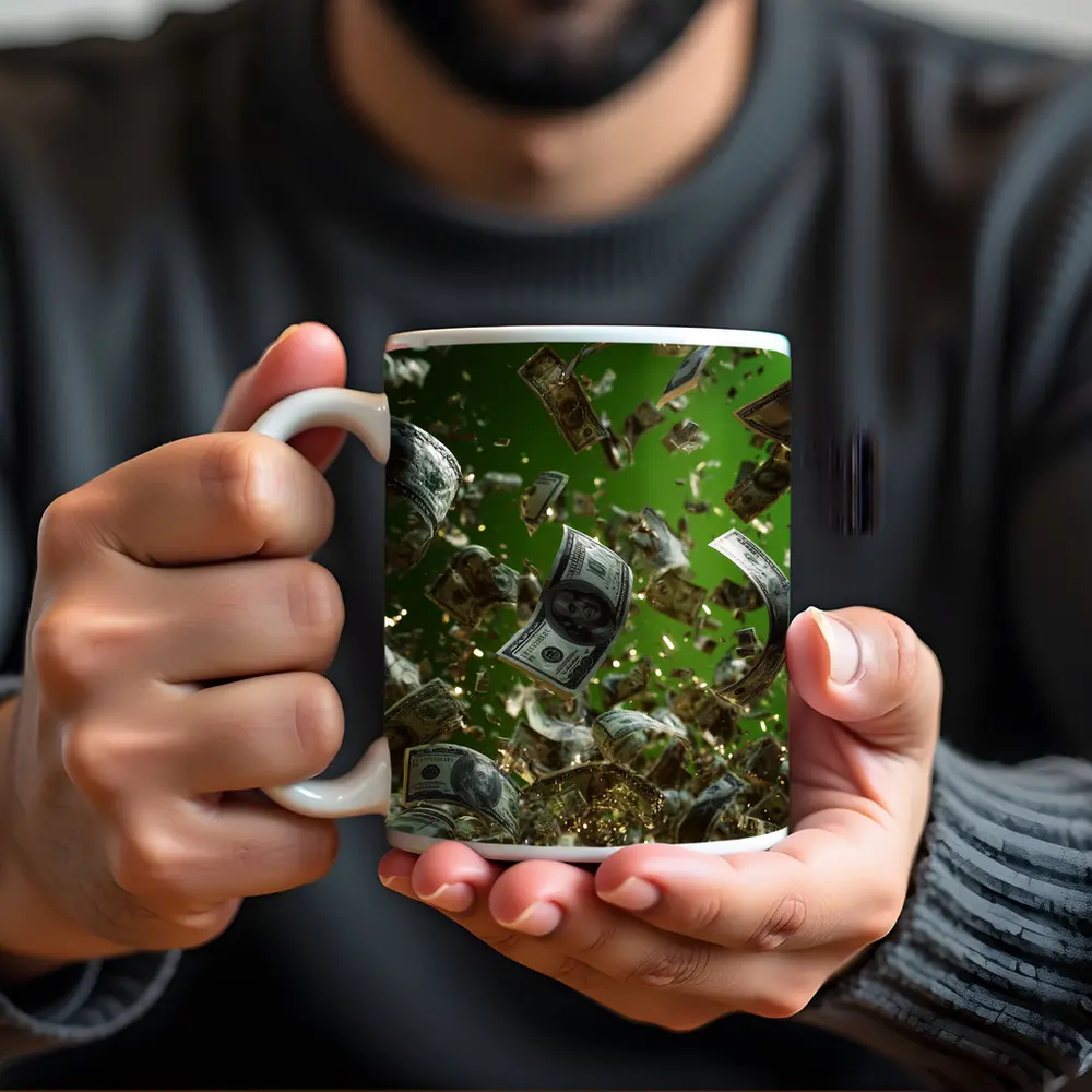 Hundred Dollar Bills Raining Green Background – Mugs