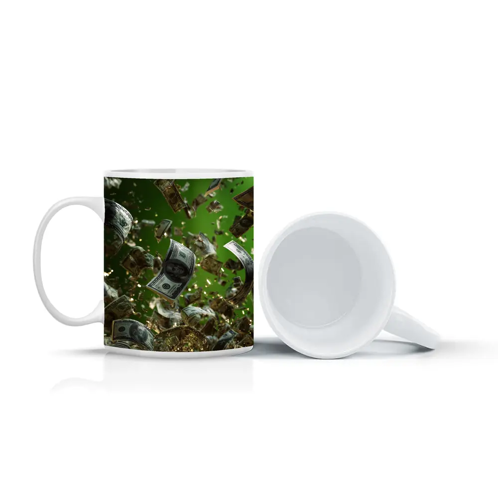 Hundred Dollar Bills Raining Green Background – Mugs