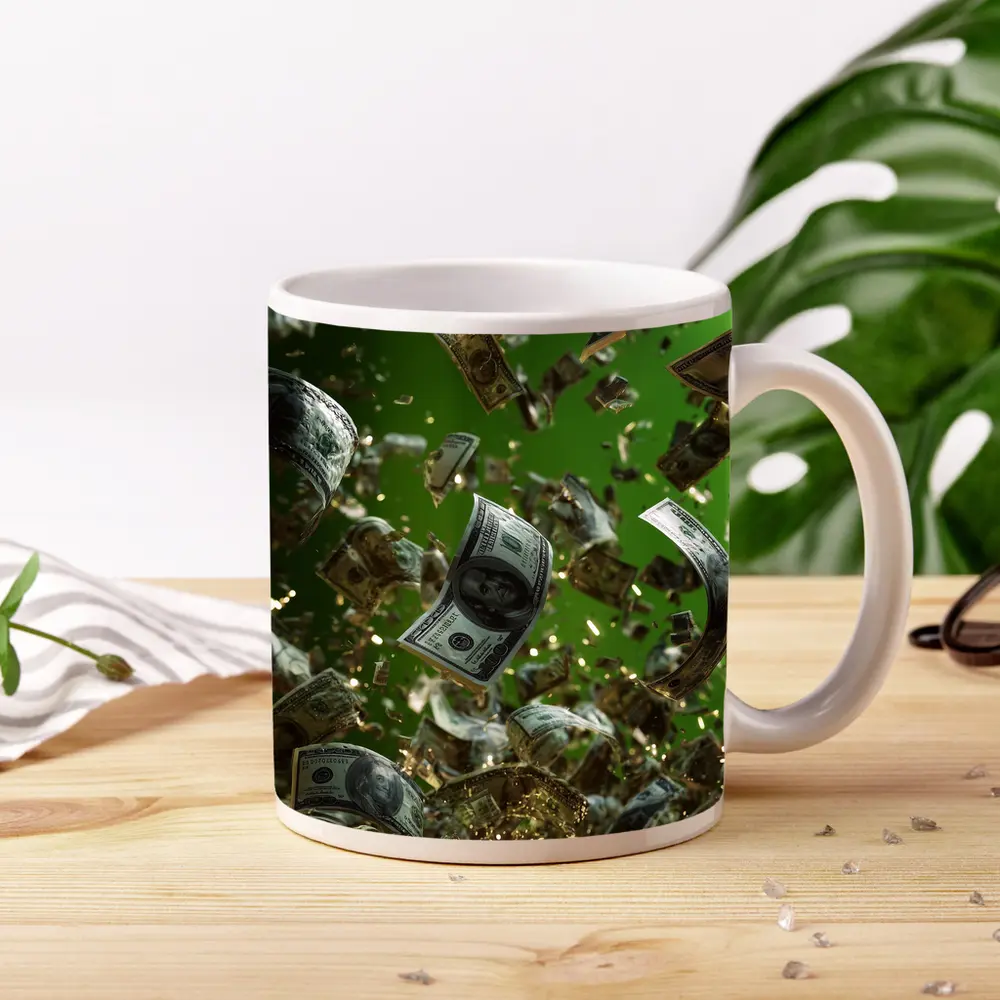 Hundred Dollar Bills Raining Green Background – Mugs
