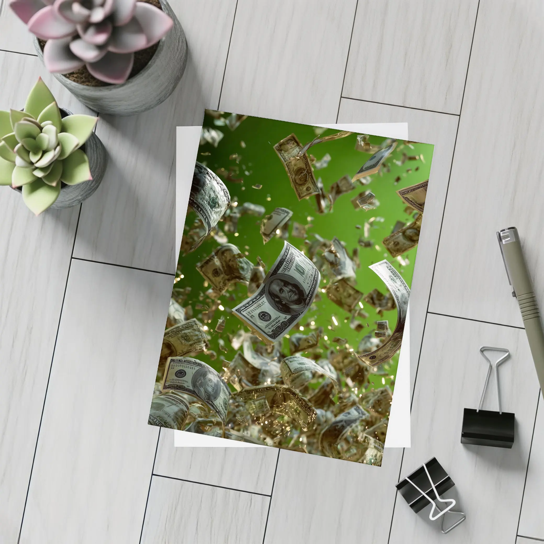 Hundred Dollar Bills Raining Green Background – Postcards