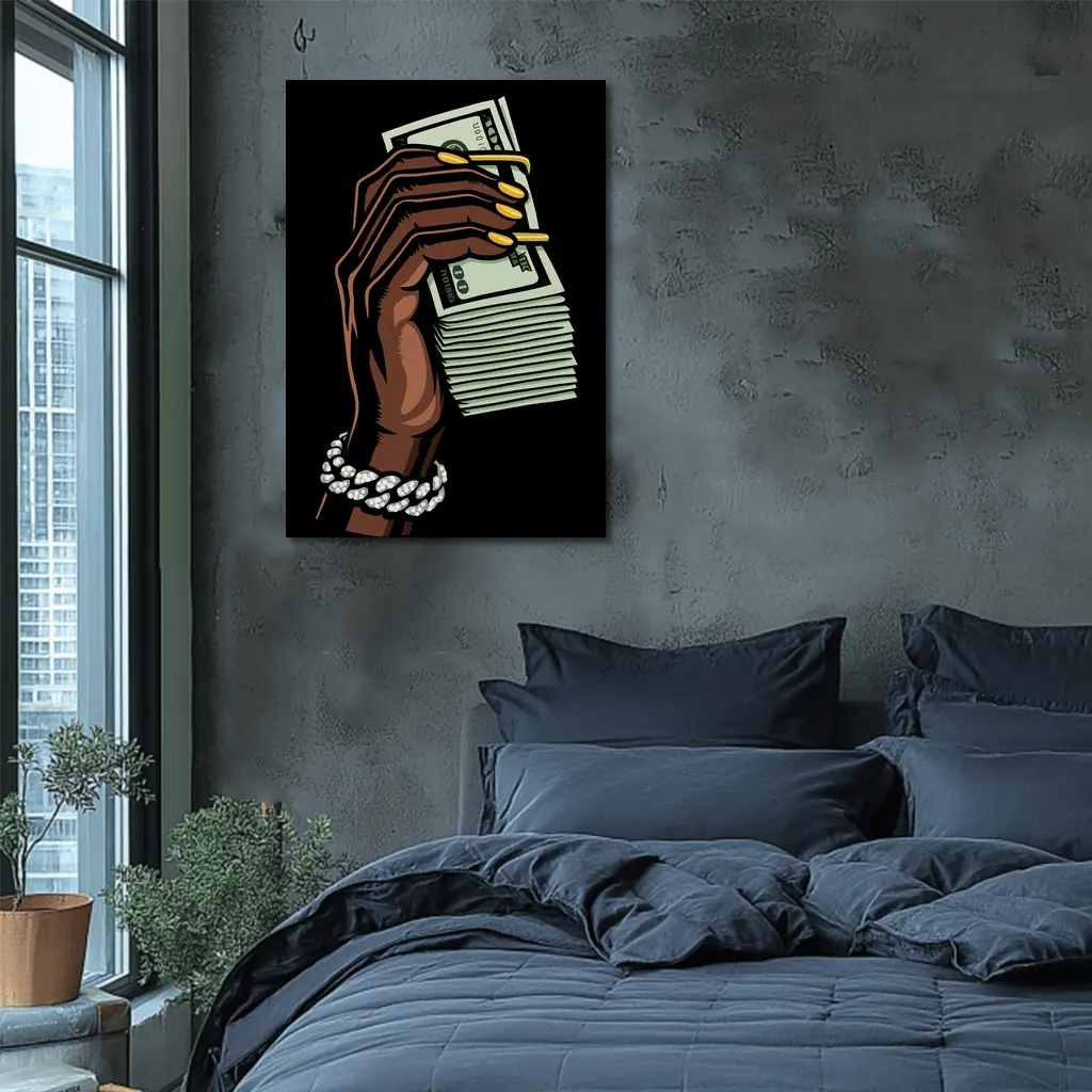 Hand Holding Cash Stack Black Background – Wall Art
