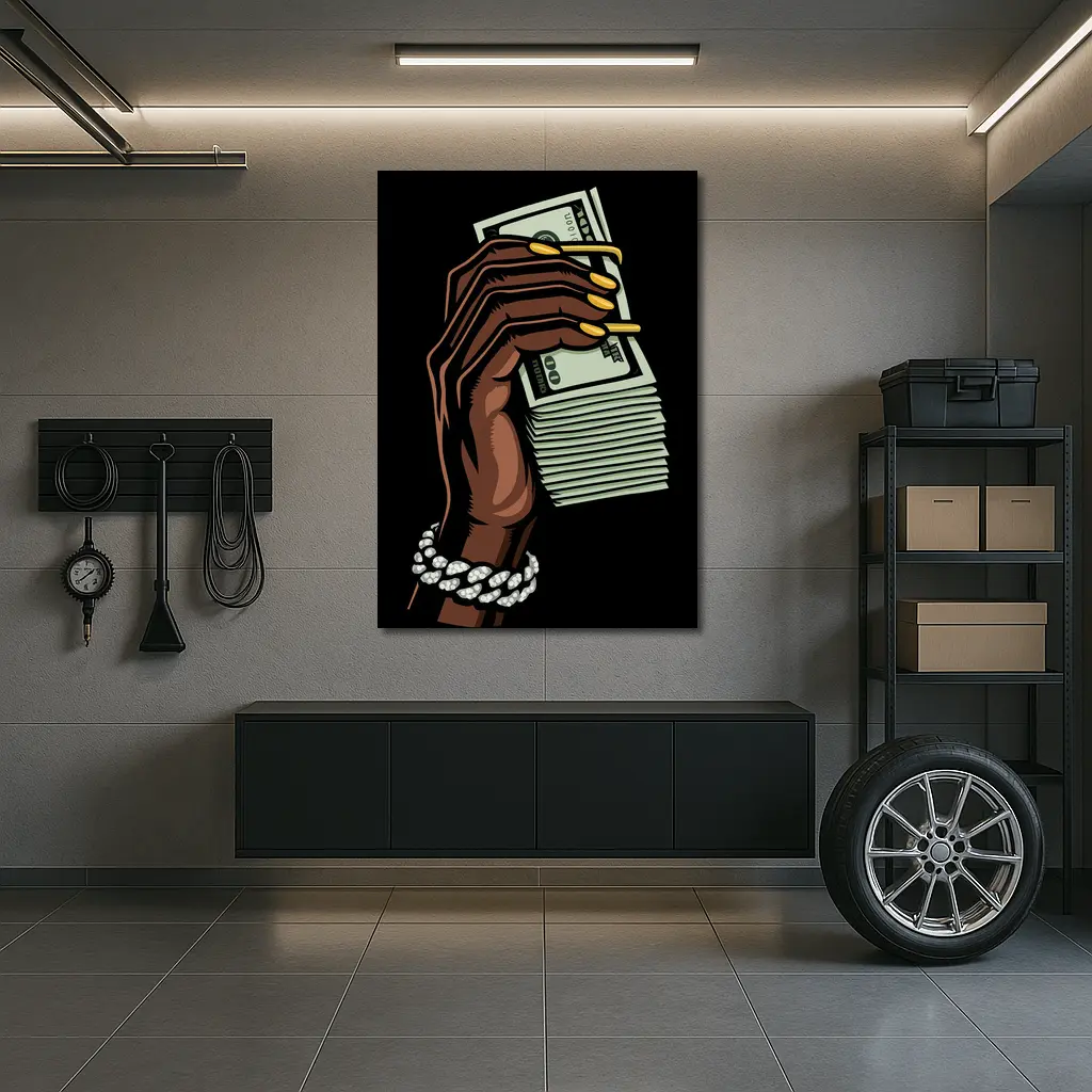 Hand Holding Cash Stack Black Background – Wall Art