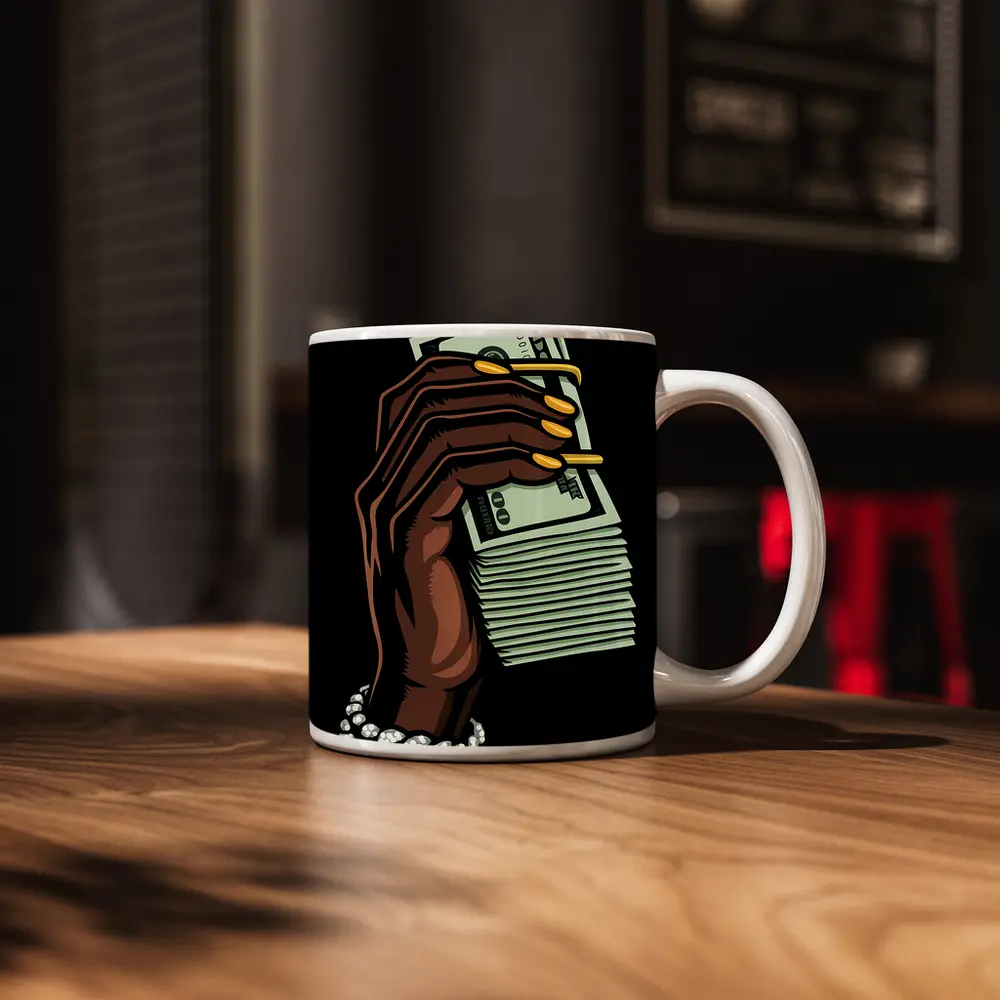 Hand Holding Cash Stack Black Background – Mugs