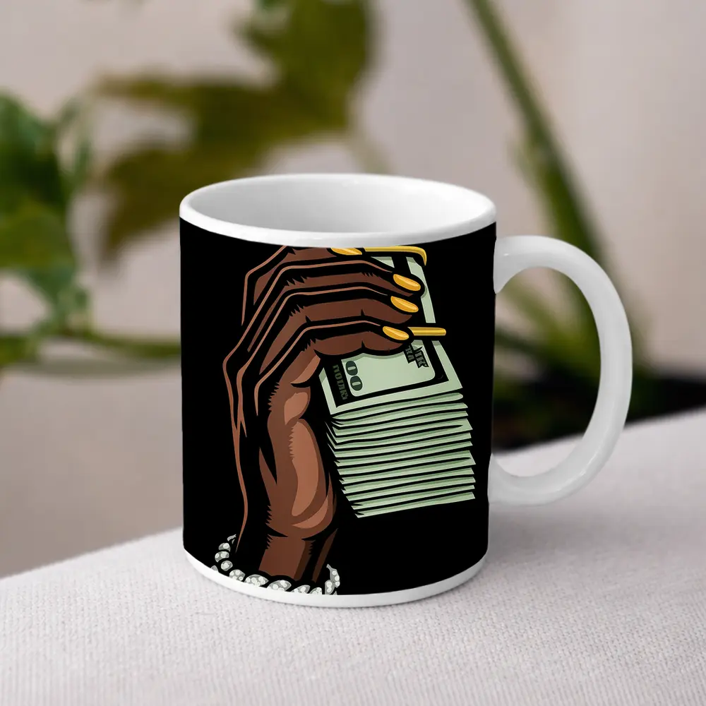 Hand Holding Cash Stack Black Background – Mugs
