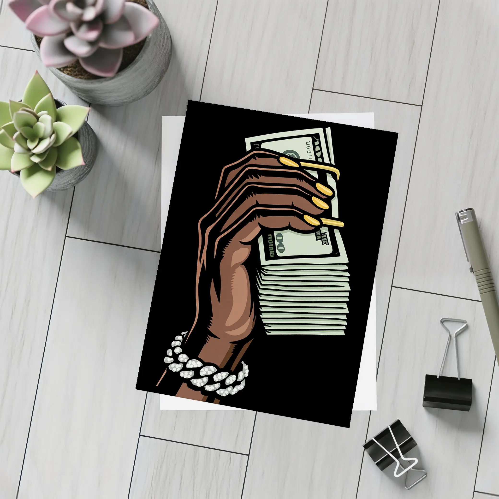 Hand Holding Cash Stack Black Background – Postcards