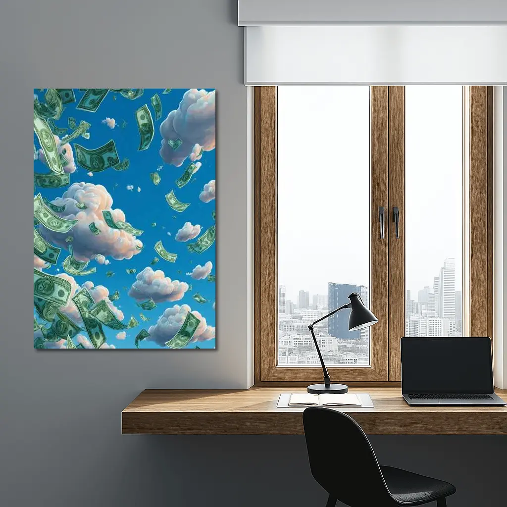 Money Rain Flying Dollars Blue Sky – Wall Art