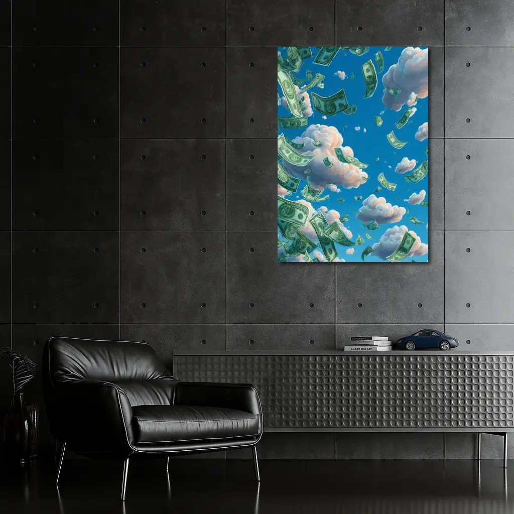 Money Rain Flying Dollars Blue Sky – Wall Art