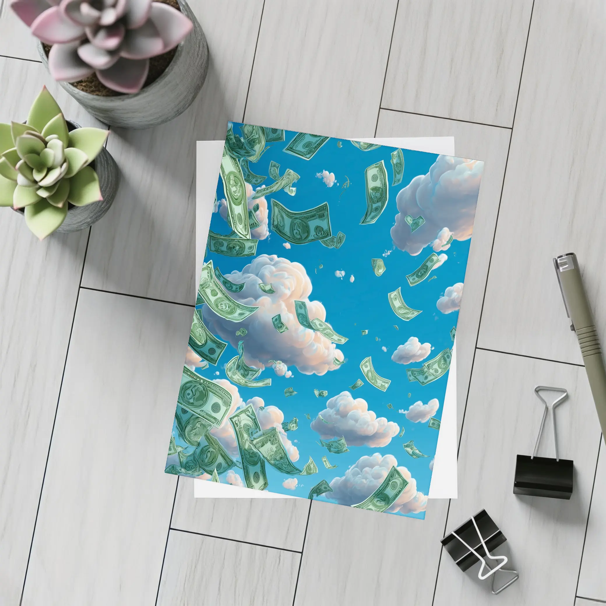 Money Rain Flying Dollars Blue Sky – Postcards