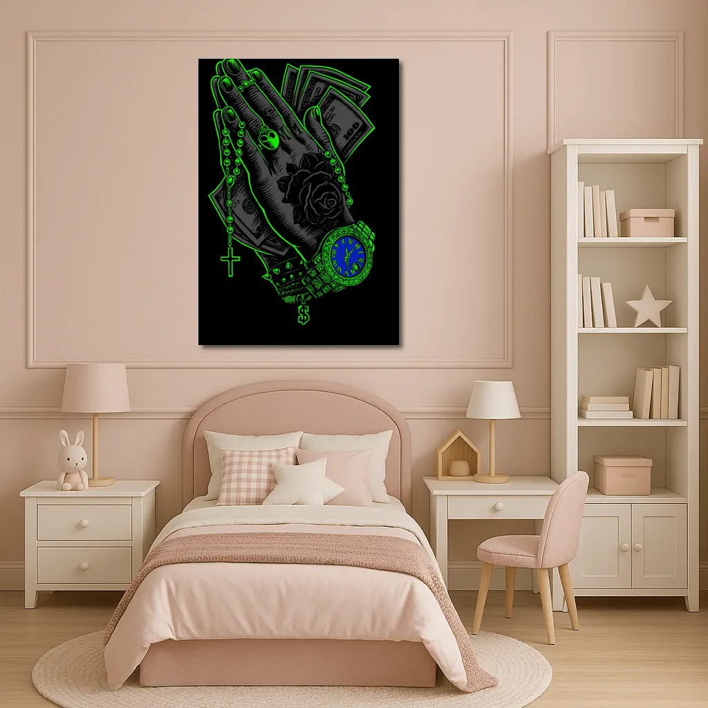 Praying Hands Money Rose Neon Green – Wall Art