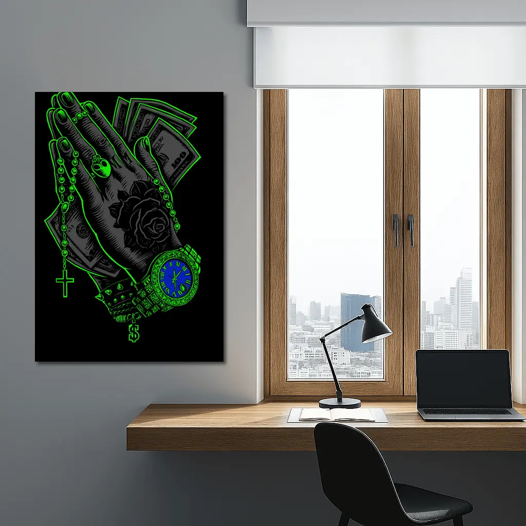 Praying Hands Money Rose Neon Green – Wall Art