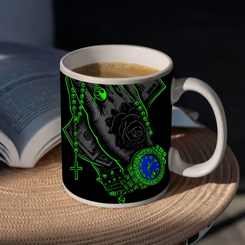 Praying Hands Money Rose Neon Green – Mugs
