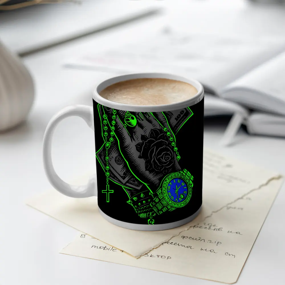 Praying Hands Money Rose Neon Green – Mugs