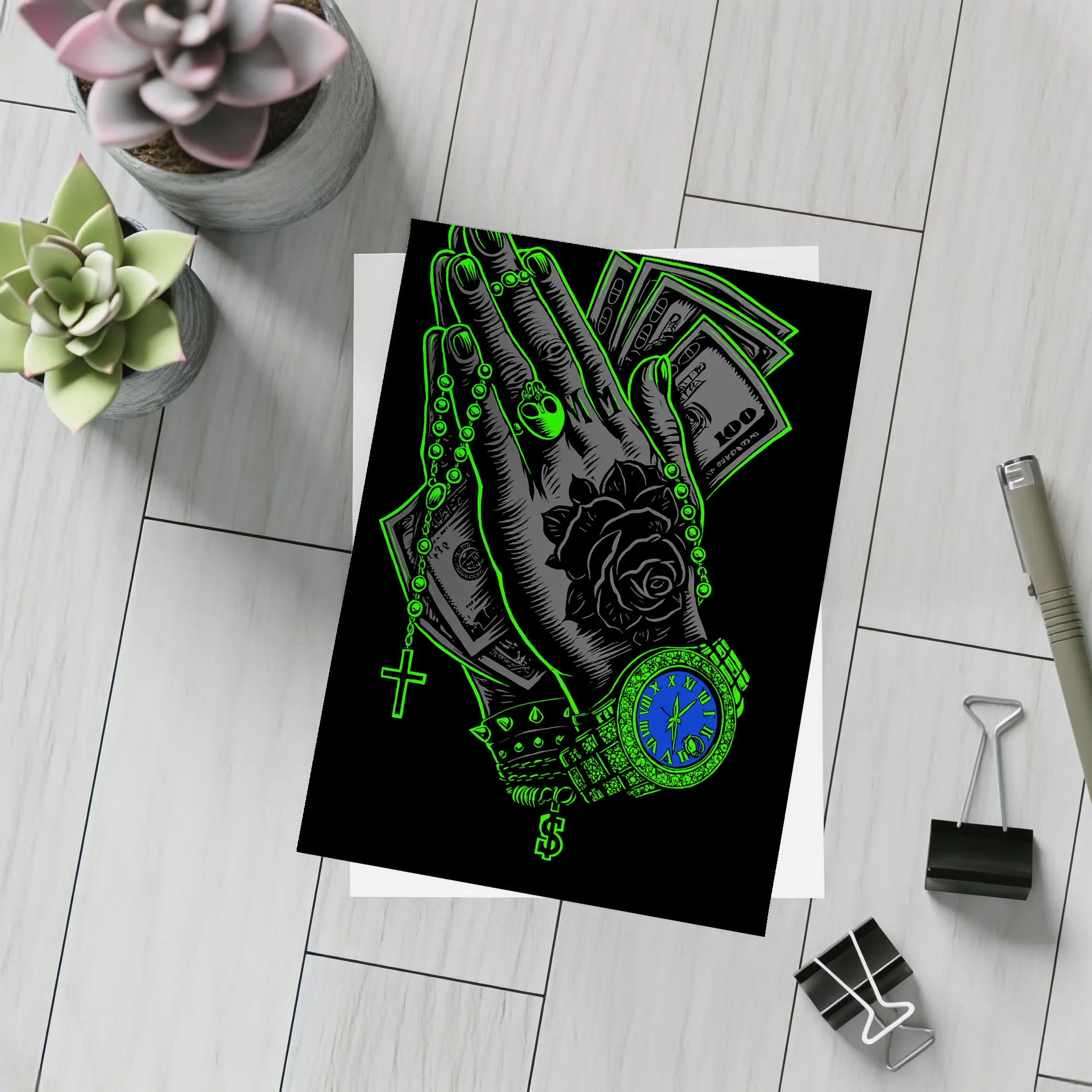 Praying Hands Money Rose Neon Green – Postcards