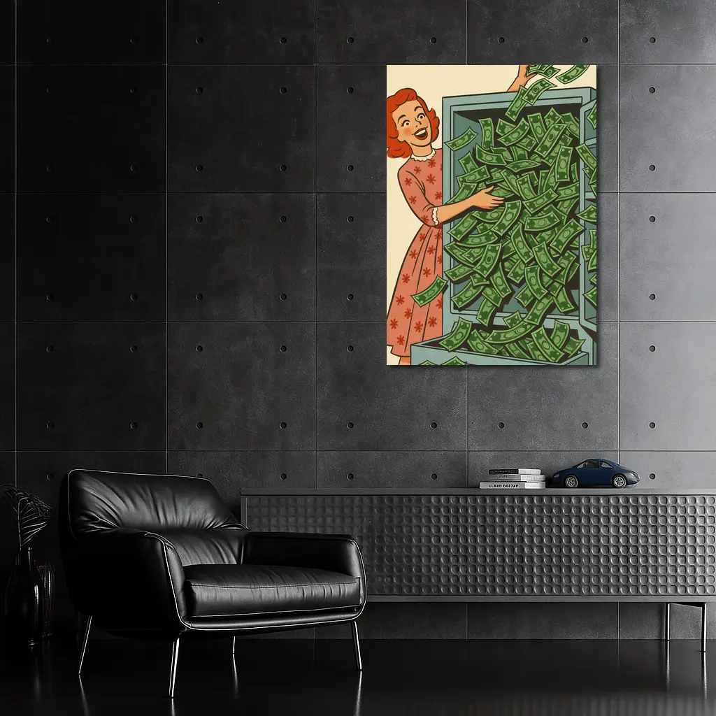 Retro Woman Laughing With Overflowing Money Safe – Wall Art