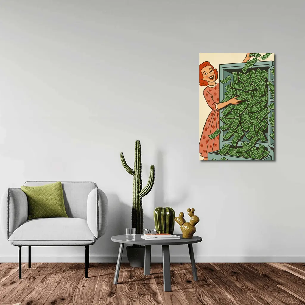Retro Woman Laughing With Overflowing Money Safe – Wall Art