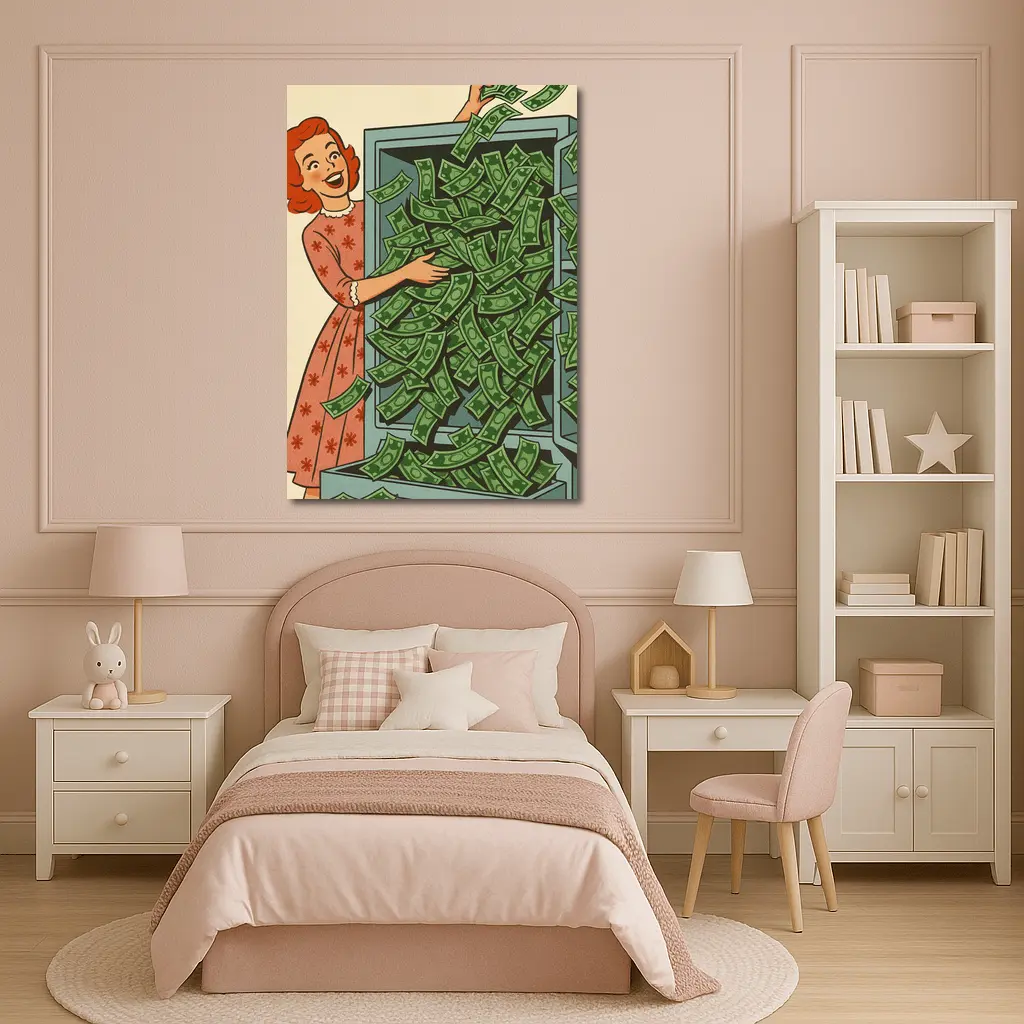 Retro Woman Laughing With Overflowing Money Safe – Wall Art