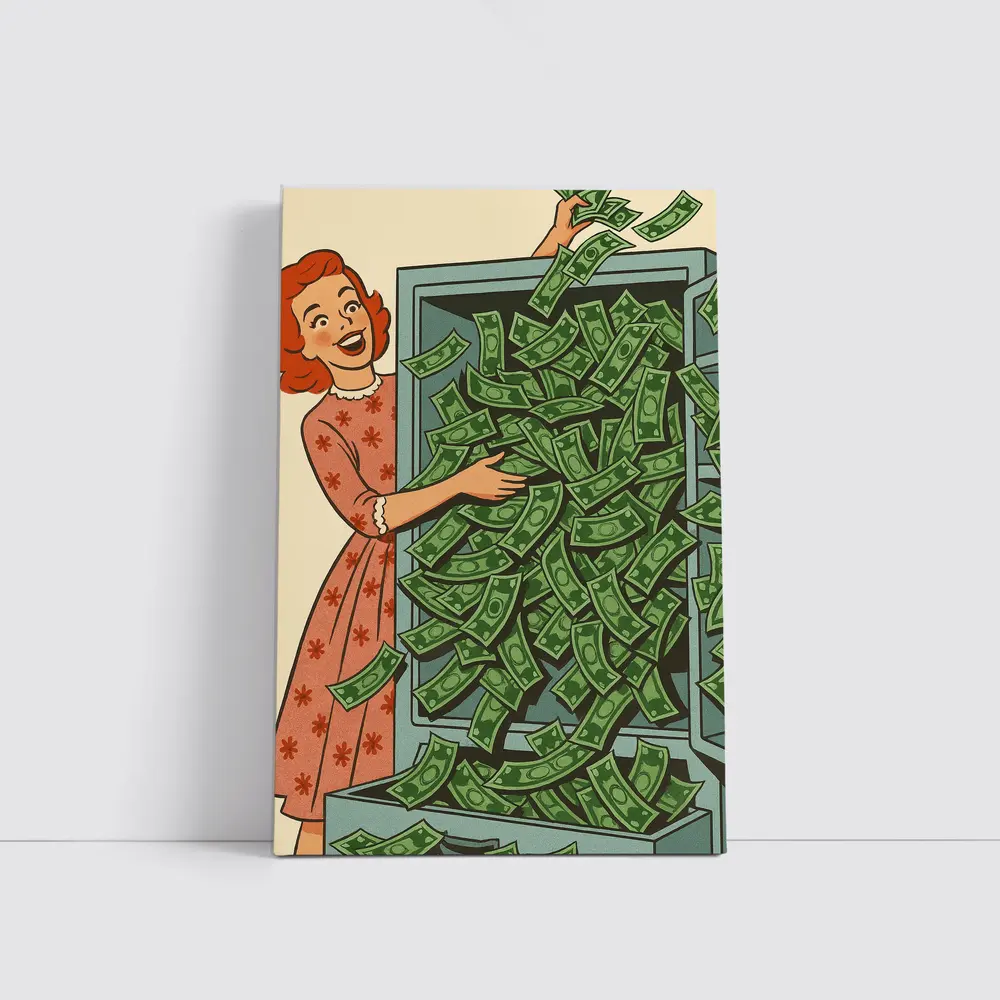 Retro Woman Laughing With Overflowing Money Safe – Wall Art