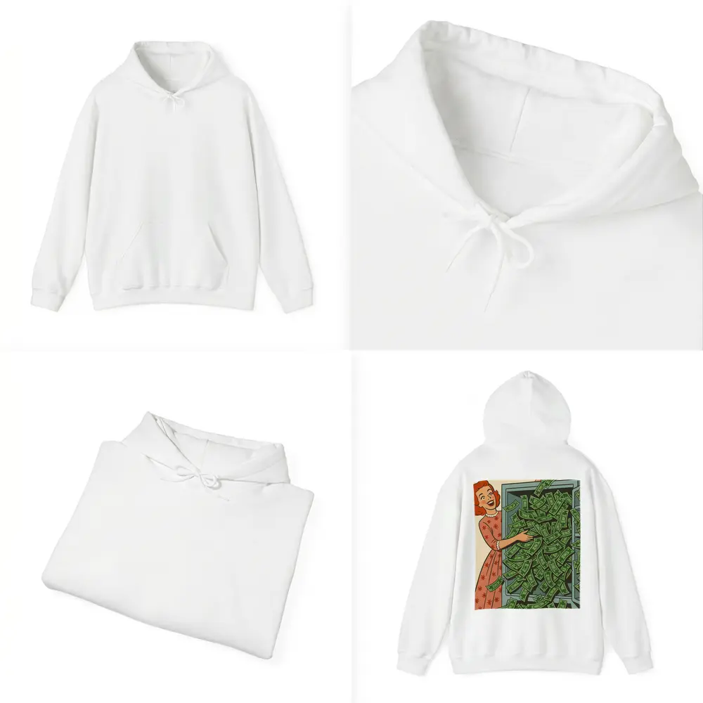 Retro Woman Laughing With Overflowing Money Safe – Hoodies
